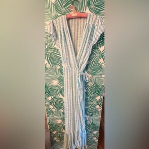 XIX Palms wrap maxi dress Shani style Bimini blue and white 100% rayon